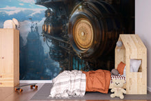 Load image into Gallery viewer, Steampunk Airship Clock Wallpaper, Bold Retro Futuristic Wall Mural, Industrial Sci Fi Peel And Stick Wallpaper For Bedroom, Nursery, Loft