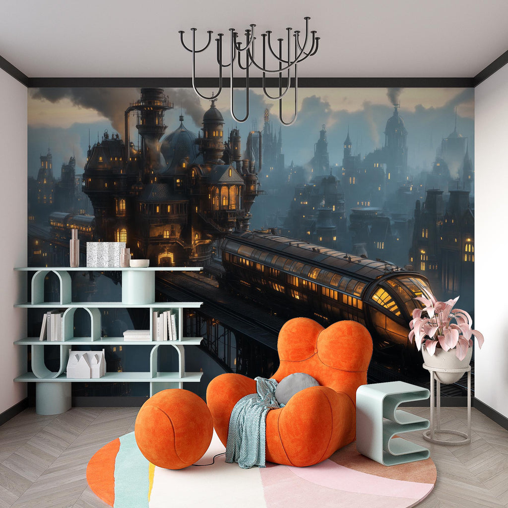 Steampunk Train Station Wallpaper, Retro Futuristic Wall Mural, Bold Industrial Sci Fi Peel And Stick Wallpaper For Bedroom, Loft, Gaming