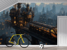 Load image into Gallery viewer, Steampunk Train Station Wallpaper, Retro Futuristic Wall Mural, Bold Industrial Sci Fi Peel And Stick Wallpaper For Bedroom, Loft, Gaming