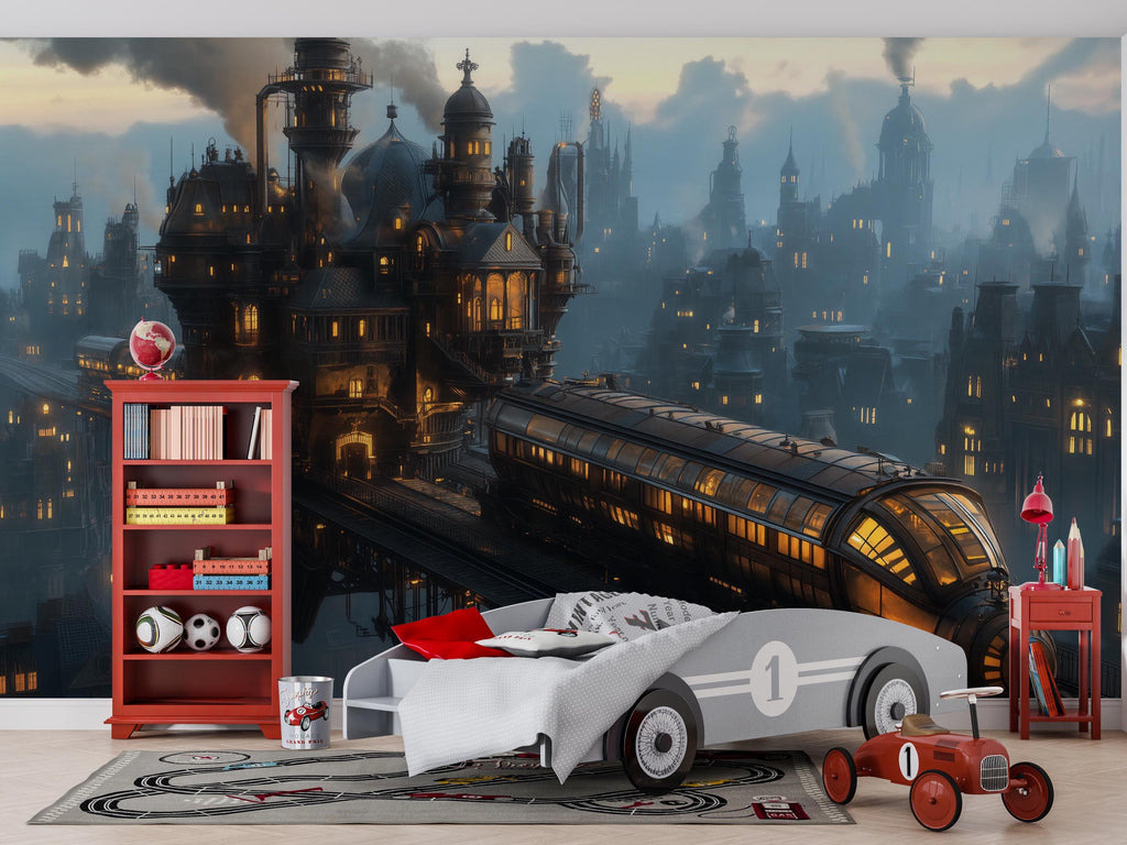 Steampunk Train Station Wallpaper, Retro Futuristic Wall Mural, Bold Industrial Sci Fi Peel And Stick Wallpaper For Bedroom, Loft, Gaming