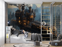 Load image into Gallery viewer, Steampunk Train Station Wallpaper, Retro Futuristic Wall Mural, Bold Industrial Sci Fi Peel And Stick Wallpaper For Bedroom, Loft, Gaming