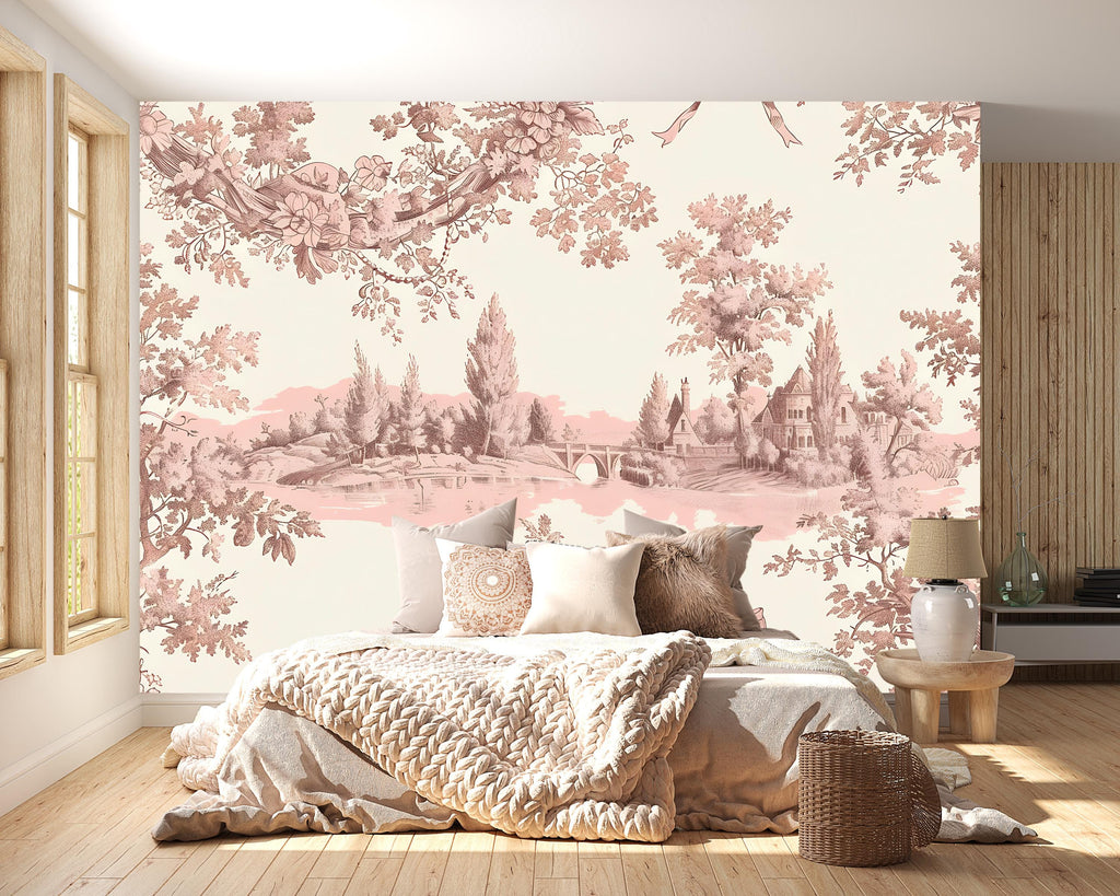 Pink Toile Wallpaper Mural | Vintage French Countryside Wall Art | Elegant Pastoral Decor Vn1034