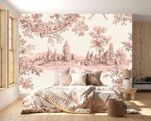 Load image into Gallery viewer, Pink Toile Wallpaper Mural | Vintage French Countryside Wall Art | Elegant Pastoral Decor Vn1034