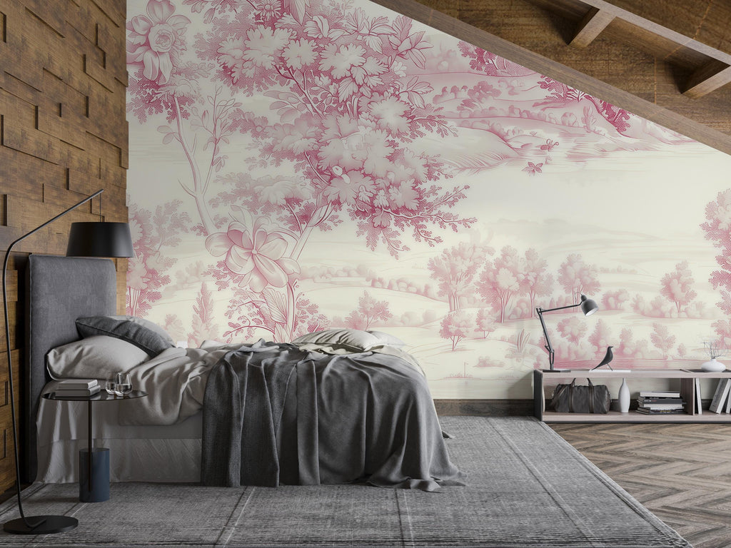 Pink Toile Wallpaper Mural | French Country Scenic Wall Decor | Romantic Vintage Accent Vn1035