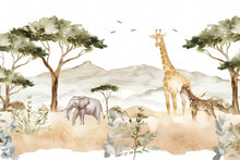 Load image into Gallery viewer, Safari Animals Wall Mural | Jungle Nursery Wallpaper with Giraffe &amp; Elephant Vn1036