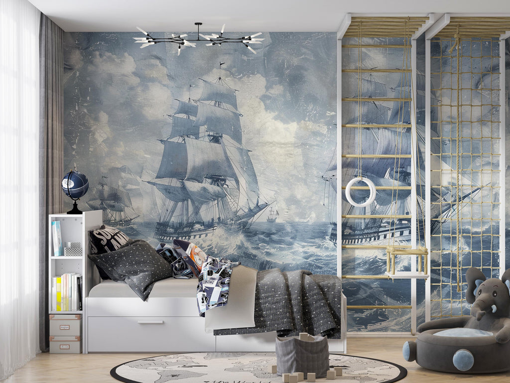 Nautical Ship Mural Wallpaper – Vintage Sailing Boat Ocean Waves Wall Decor Vn1045
