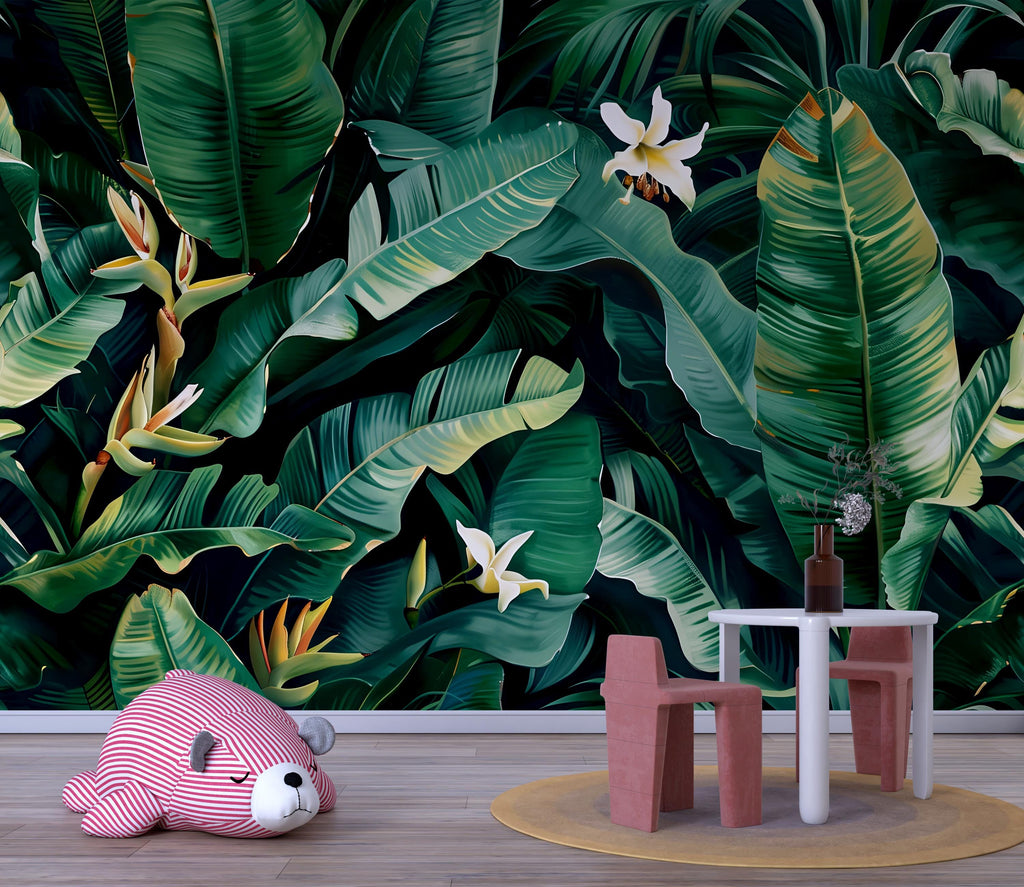 Banana Leaf Wall Mural – Tropical Jungle Botanical Wallpaper for Nursery or Living Room Vn1053