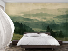 Load image into Gallery viewer, Green Forest Wall Mural – Misty Mountain Landscape Wallpaper for Bedroom or Living Room Vn1057