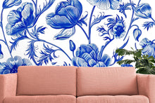 Load image into Gallery viewer, Blue Floral Wall Mural, Vintage Botanical Wallpaper, Elegant Flower Wall Art Decor Vn1059