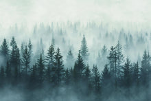 Load image into Gallery viewer, Misty Forest Wall Mural – Foggy Woodland Pine Tree Wallpaper, Nature Landscape Accent Wall Decor for Bedroom or Kids Room Vn1075