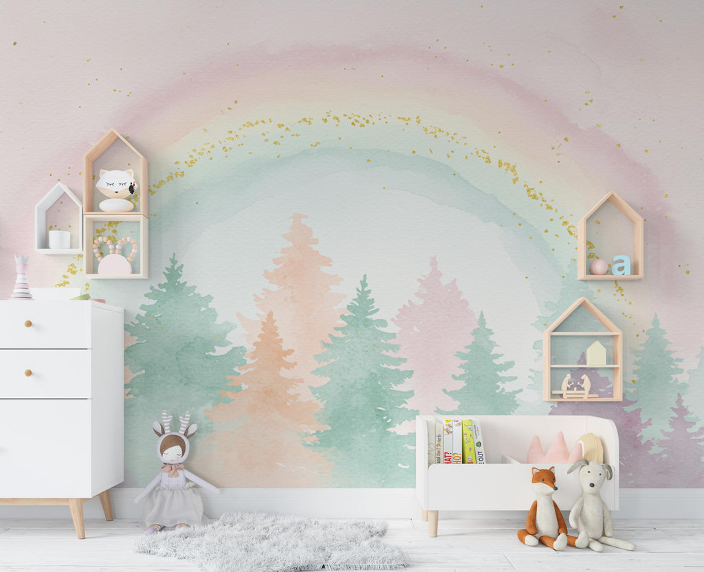 Rainbow Watercolor Forest Wallpaper Colorful Nursery Peel Stick Girl room Wallpaper Nursery Self Adhesive Rainbow nursery decor Mural 902RS