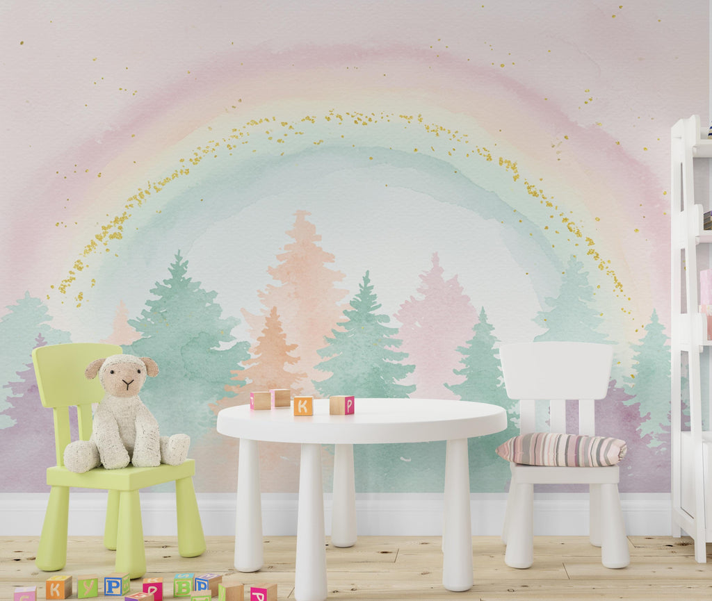 Rainbow Watercolor Forest Wallpaper Colorful Nursery Peel Stick Girl room Wallpaper Nursery Self Adhesive Rainbow nursery decor Mural 902RS