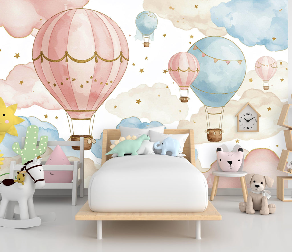Balloon Watercolor Cloud Wallpaper Colorful Nursery Peel Stick Girl room Wallpaper Nursery Self Adhesive Rainbow nursery decor Mural 903RS