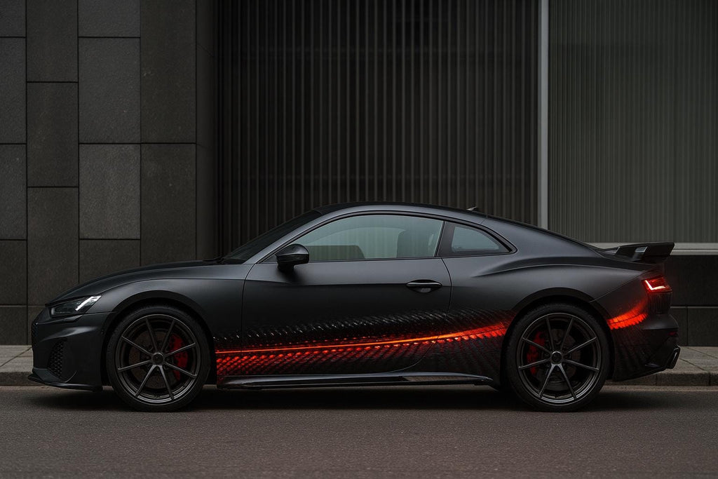 Luxury Sport Car Wrap, Black Carbon Fiber Texture with Red Glow Streak, Full Vehicle Vinyl Graphics for Supercars, Exotic Car Gift