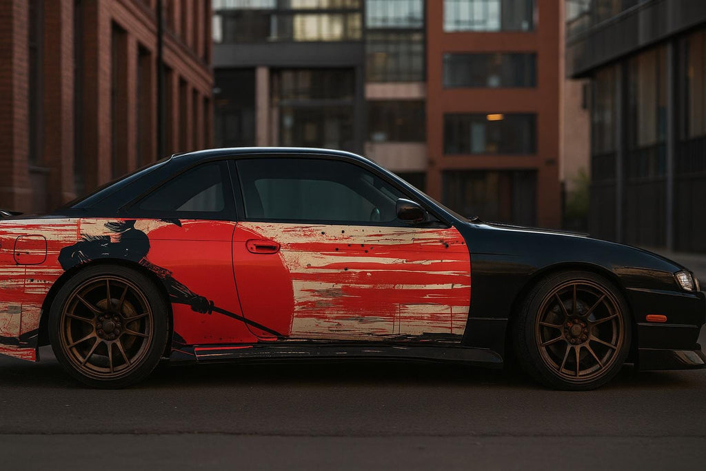 Samurai Car Wrap, Japanese Warrior Vinyl Graphics with Red Rising Sun, Drift Car Racing Wrap, JDM Style Full Side Vinyl