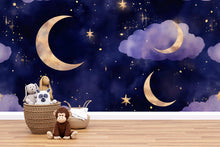 Load image into Gallery viewer, Moon And Stars Wallpaper For Nursery – Dark Night Sky Wall Mural – 3D Peel And Stick Stylish Wall Decor – Modern Bold Kids Room Baby Shower