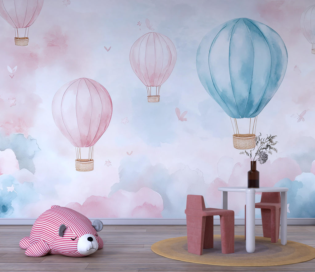 Pastel Hot Air Balloon Wallpaper For Nursery – 3D Cloud Sky Wall Mural – Peel And Stick Stylish Kids Room Decor – Modern Bold Baby Shower