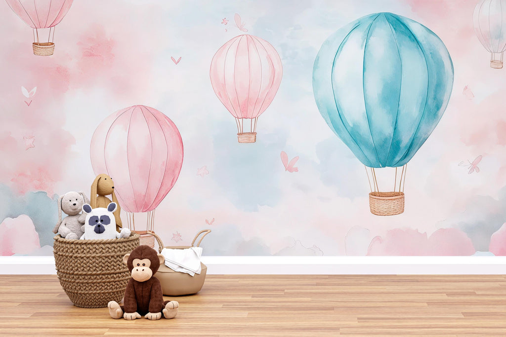 Pastel Hot Air Balloon Wallpaper For Nursery – 3D Cloud Sky Wall Mural – Peel And Stick Stylish Kids Room Decor – Modern Bold Baby Shower
