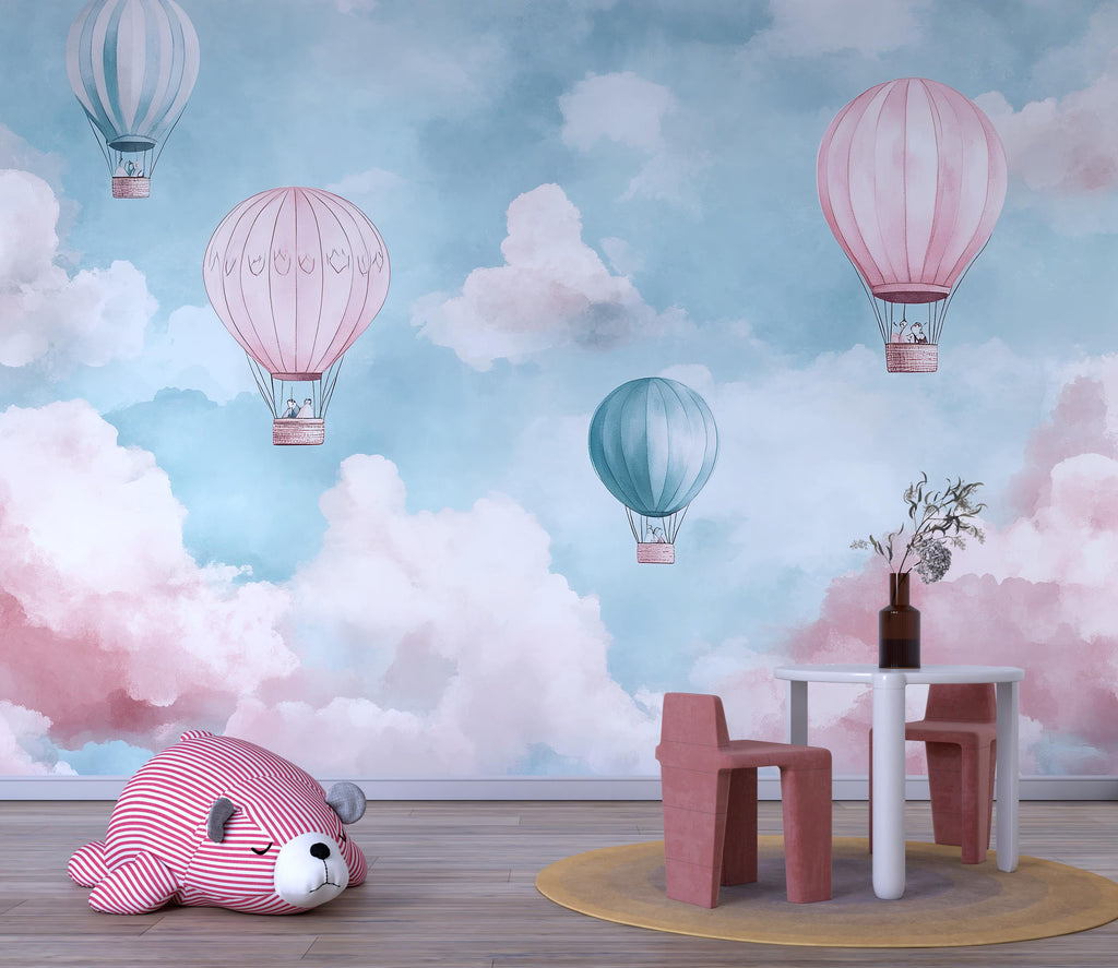Hot Air Balloon Wallpaper For Nursery – Pink And Teal Cloud Wall Mural – 3D Peel And Stick Stylish Kids Room Decor – Modern Bold Baby