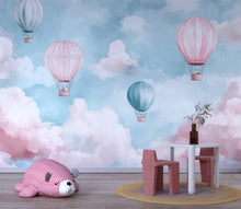 Load image into Gallery viewer, Hot Air Balloon Wallpaper For Nursery – Pink And Teal Cloud Wall Mural – 3D Peel And Stick Stylish Kids Room Decor – Modern Bold Baby