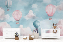 Load image into Gallery viewer, Hot Air Balloon Wallpaper For Nursery – Pink And Teal Cloud Wall Mural – 3D Peel And Stick Stylish Kids Room Decor – Modern Bold Baby