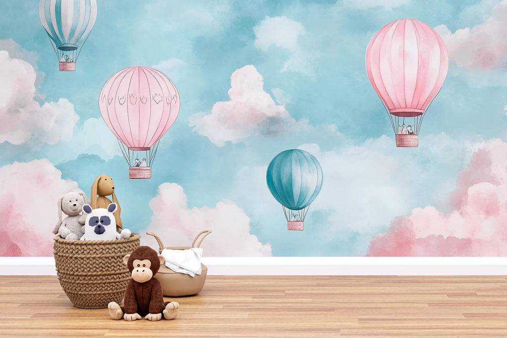 Hot Air Balloon Wallpaper For Nursery – Pink And Teal Cloud Wall Mural – 3D Peel And Stick Stylish Kids Room Decor – Modern Bold Baby