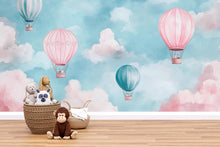 Load image into Gallery viewer, Hot Air Balloon Wallpaper For Nursery – Pink And Teal Cloud Wall Mural – 3D Peel And Stick Stylish Kids Room Decor – Modern Bold Baby