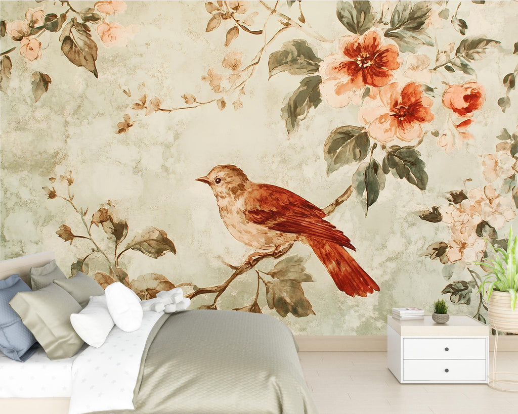 Vintage Bird Floral Wallpaper Mural – 3D Botanical Wall Decor – Peel And Stick Stylish Bedroom Living Room Wallpaper – Modern Bold Holiday