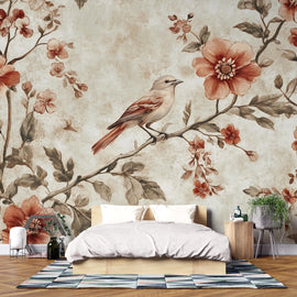 Vintage Bird Floral Wallpaper Mural – Warm Botanical Wall Decor – 3D Peel And Stick Stylish Bedroom Living Room Wallpaper – Modern Bold