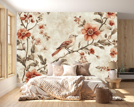 Vintage Bird Floral Wallpaper Mural – Warm Botanical Wall Decor – 3D Peel And Stick Stylish Bedroom Living Room Wallpaper – Modern Bold