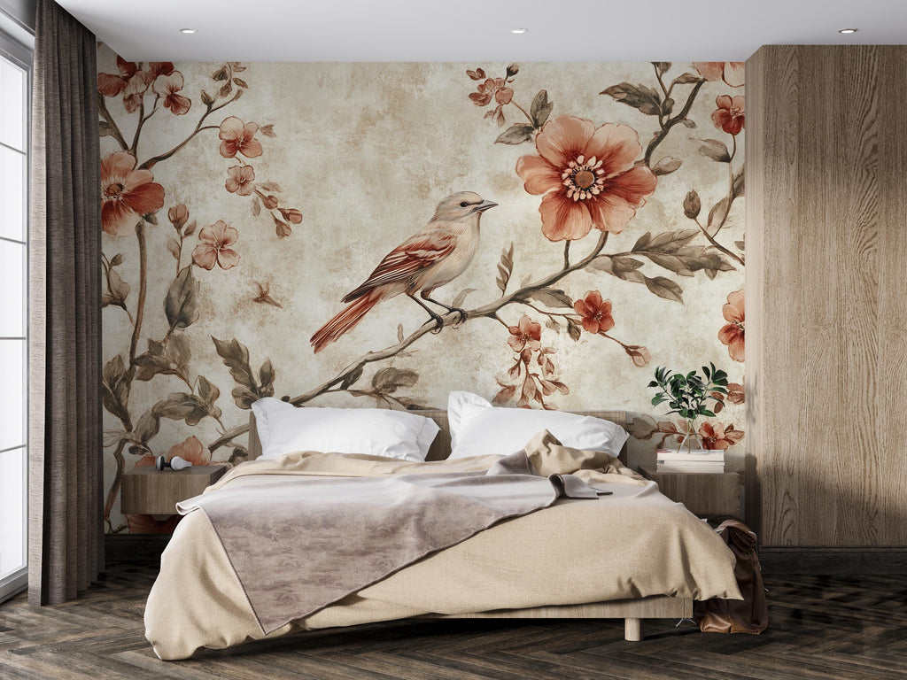 Vintage Bird Floral Wallpaper Mural – Warm Botanical Wall Decor – 3D Peel And Stick Stylish Bedroom Living Room Wallpaper – Modern Bold