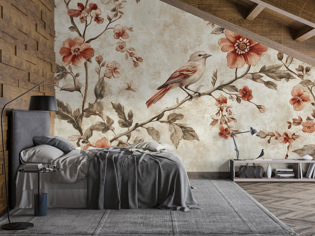 Vintage Bird Floral Wallpaper Mural – Warm Botanical Wall Decor – 3D Peel And Stick Stylish Bedroom Living Room Wallpaper – Modern Bold