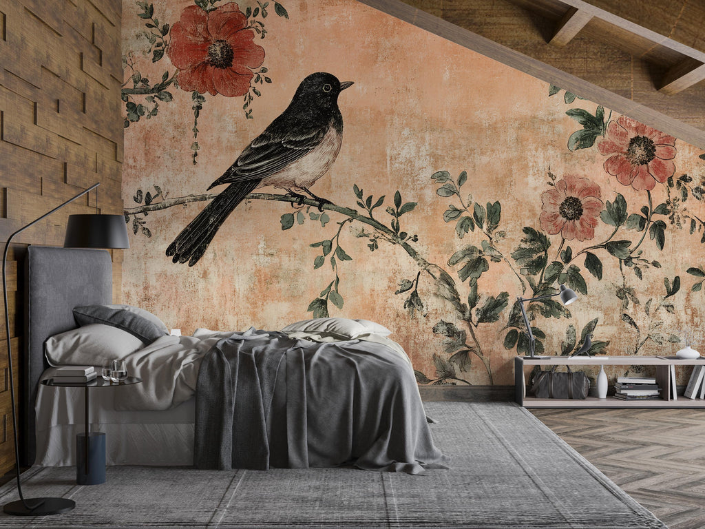 Vintage Black Bird Floral Wallpaper Mural – Rustic Botanical Wall Decor – 3D Peel And Stick Stylish Bedroom Living Room Wallpaper