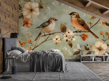 Load image into Gallery viewer, Vintage Bird Floral Wallpaper Mural – Two Songbirds Botanical Wall Decor – 3D Peel And Stick Stylish Bedroom Living Room Wallpaper