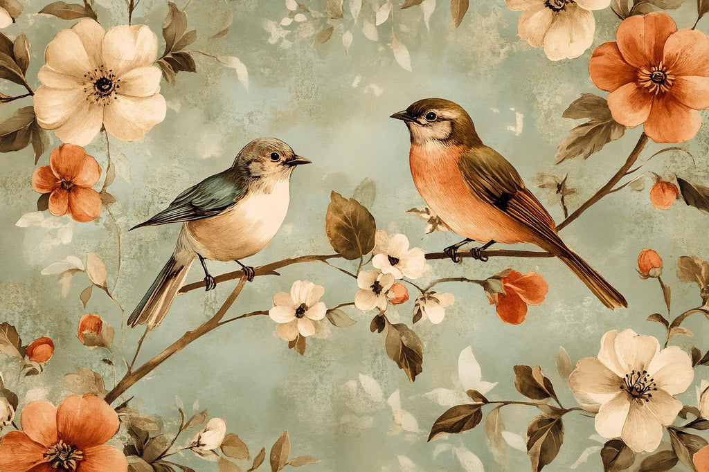 Vintage Bird Floral Wallpaper Mural – Two Songbirds Botanical Wall Decor – 3D Peel And Stick Stylish Bedroom Living Room Wallpaper