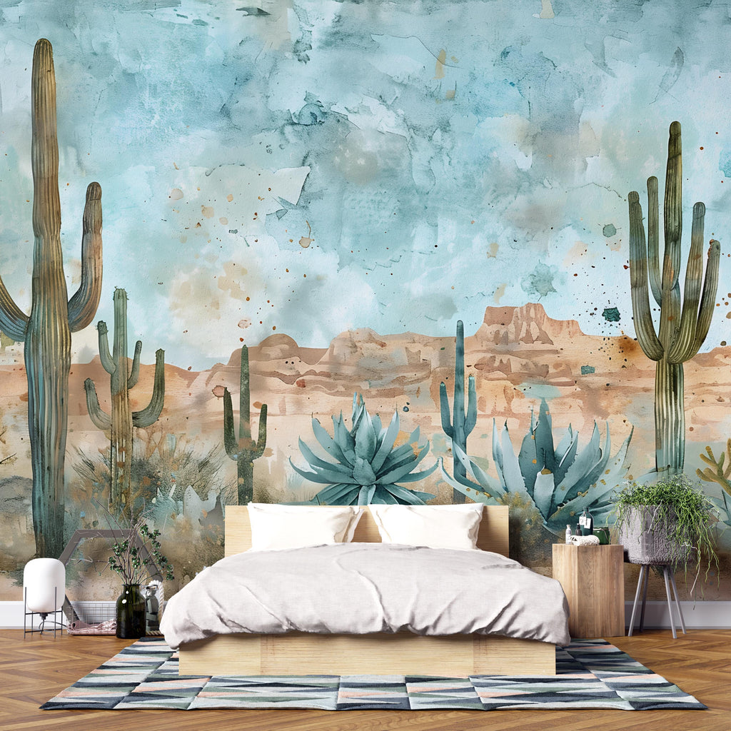 Desert Cactus Wallpaper Mural – Southwest Watercolor Wall Decor – 3D Peel And Stick Stylish Bedroom Living Room Wallpaper – Modern Bold