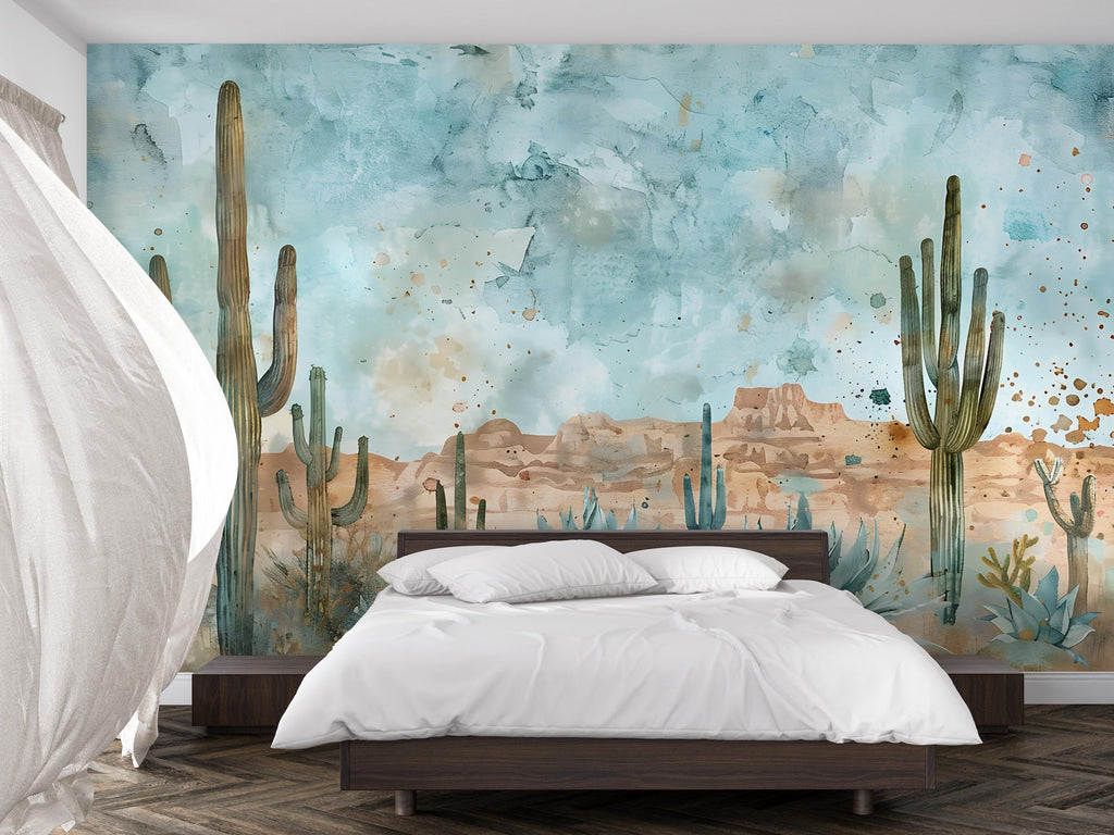 Desert Cactus Wallpaper Mural – Southwest Watercolor Wall Decor – 3D Peel And Stick Stylish Bedroom Living Room Wallpaper – Modern Bold