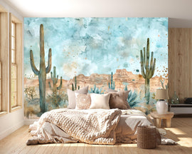 Desert Cactus Wallpaper Mural – Southwest Watercolor Wall Decor – 3D Peel And Stick Stylish Bedroom Living Room Wallpaper – Modern Bold