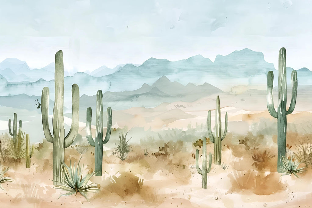 Watercolor Desert Cactus Wallpaper Mural – Southwest Mountain Wall Decor – 3D Peel And Stick Stylish Bedroom Living Room Wallpaper – Modern