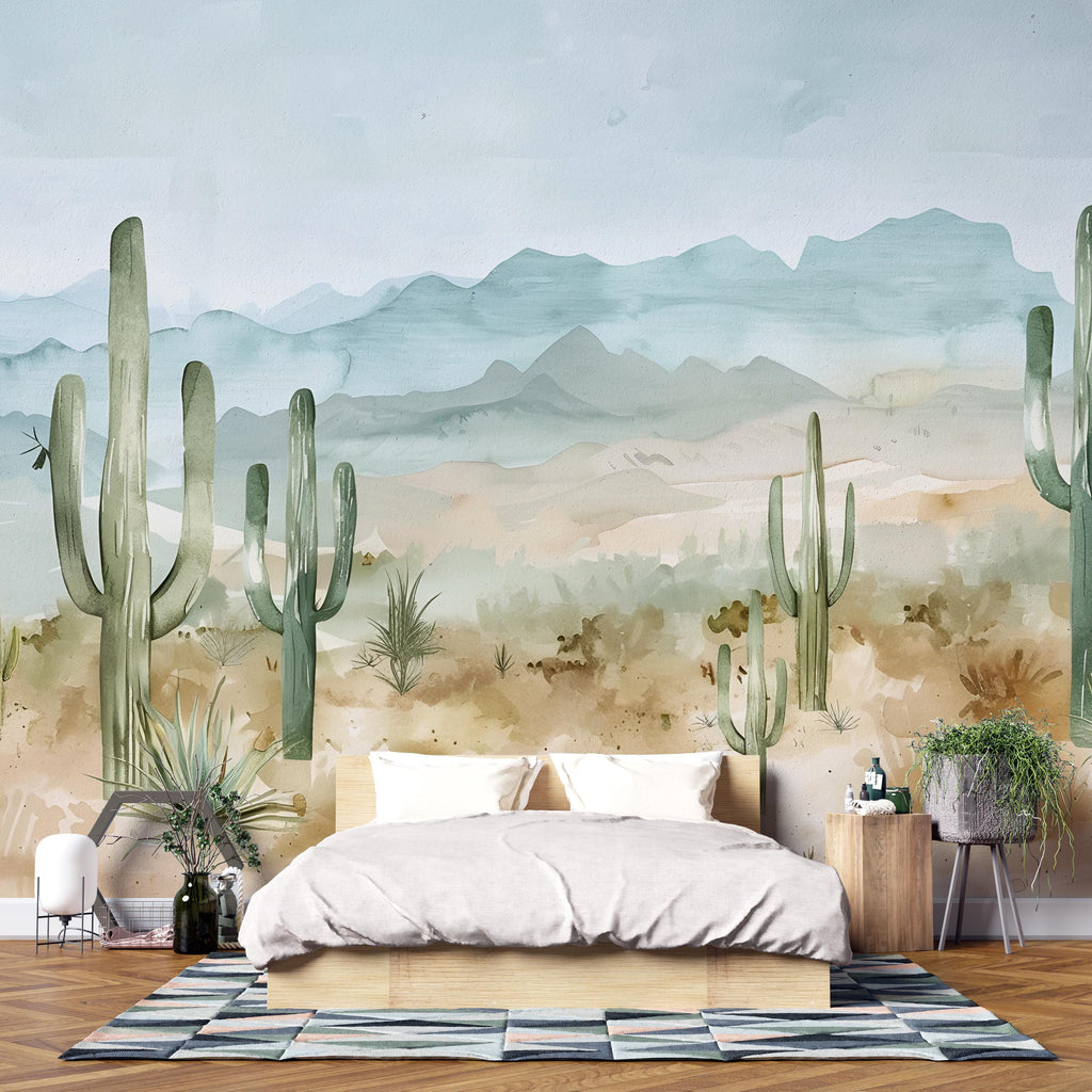 Watercolor Desert Cactus Wallpaper Mural – Southwest Mountain Wall Decor – 3D Peel And Stick Stylish Bedroom Living Room Wallpaper – Modern