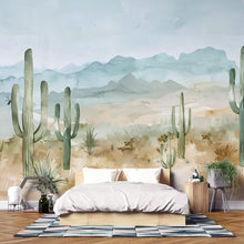 Load image into Gallery viewer, Watercolor Desert Cactus Wallpaper Mural – Southwest Mountain Wall Decor – 3D Peel And Stick Stylish Bedroom Living Room Wallpaper – Modern
