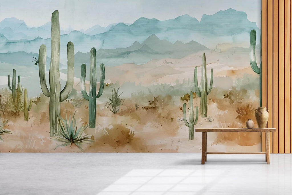 Watercolor Desert Cactus Wallpaper Mural – Southwest Mountain Wall Decor – 3D Peel And Stick Stylish Bedroom Living Room Wallpaper – Modern