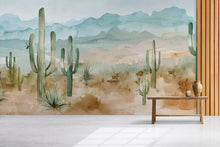 Load image into Gallery viewer, Watercolor Desert Cactus Wallpaper Mural – Southwest Mountain Wall Decor – 3D Peel And Stick Stylish Bedroom Living Room Wallpaper – Modern