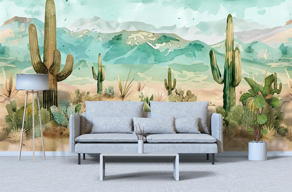 3D Desert Cactus Landscape Wallpaper Mural | Stylish Modern Southwestern Wall Decor | Bold Nature Inspired Bedroom Living Room Wall Art Gift