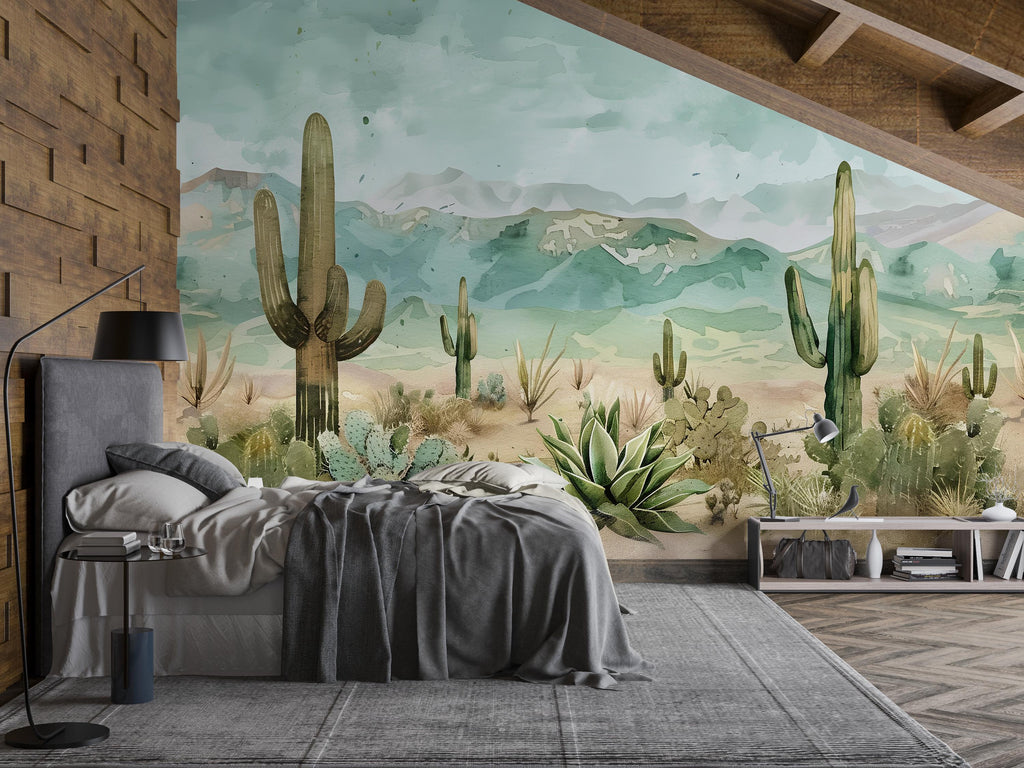 3D Desert Cactus Landscape Wallpaper Mural | Stylish Modern Southwestern Wall Decor | Bold Nature Inspired Bedroom Living Room Wall Art Gift