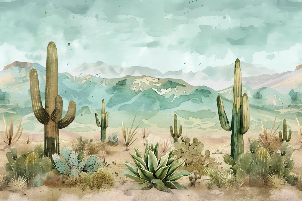 3D Desert Cactus Landscape Wallpaper Mural | Stylish Modern Southwestern Wall Decor | Bold Nature Inspired Bedroom Living Room Wall Art Gift