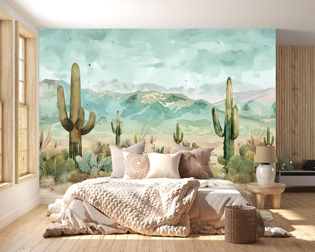 3D Desert Cactus Landscape Wallpaper Mural | Stylish Modern Southwestern Wall Decor | Bold Nature Inspired Bedroom Living Room Wall Art Gift