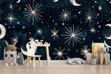 Load image into Gallery viewer, 3D Celestial Moon and Stars Wallpaper Mural | Stylish Night Sky Wall Decor for Nursery or Kids Room | Bold Modern Wall Art Gift for Home