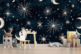 3D Celestial Moon and Stars Wallpaper Mural | Stylish Night Sky Wall Decor for Nursery or Kids Room | Bold Modern Wall Art Gift for Home