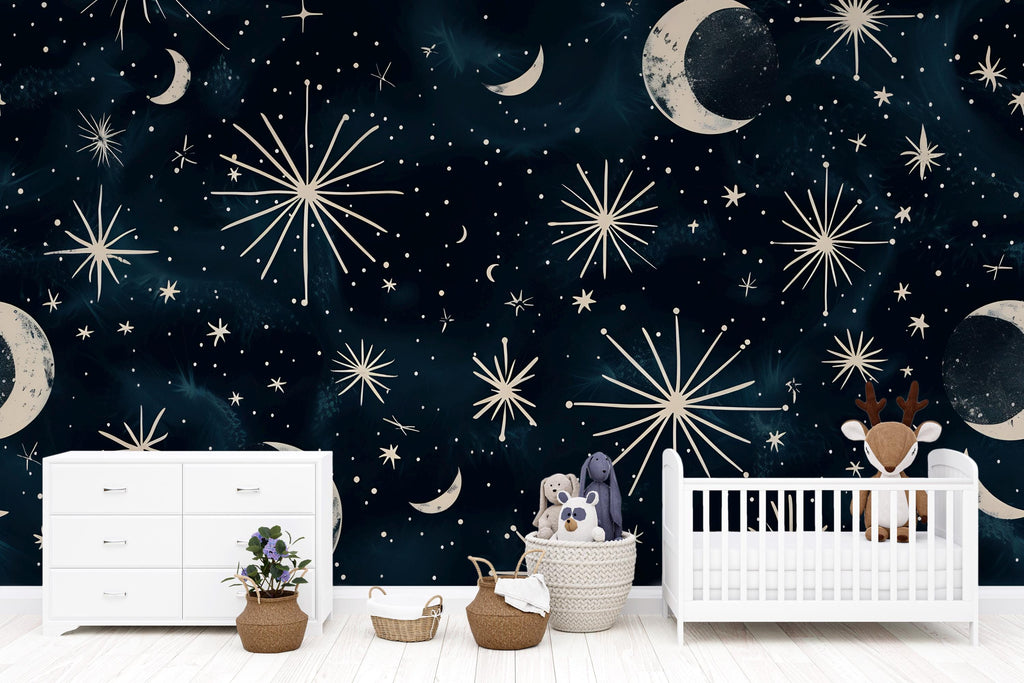 3D Celestial Moon and Stars Wallpaper Mural | Stylish Night Sky Wall Decor for Nursery or Kids Room | Bold Modern Wall Art Gift for Home